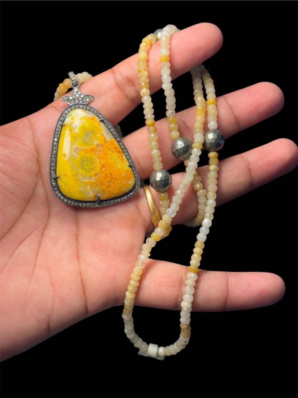 Bumble Bee Jasper Silver Necklace with Raw Diamonds - 29 Inch